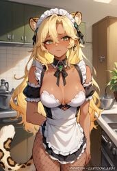 ai_generated bottomless bottomless_female bottomless_skirt cartoonlabsx embarrassed embarrassed_nude_female fishnets genshin_impact leggings maid maid_apron maid_headdress maid_outfit maid_uniform submissive submissive_female xilonen_(genshin_impact)