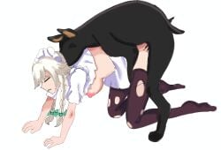 braided_hair breasts breasts_out closed_eyes doggy_style domestic_dog feral_on_female interspecies large_breasts maid maid_headdress nipples on_all_fours sakuya_izayoi stockings torn_clothes torn_legwear touhou zoophilia