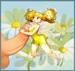 bare_shoulders barefoot blonde_hair blush_stickers breast_press breasts brown_eyes cholie cleavage dragon's_crown dress fairy female flower long_hair male minigirl multi_wing open_mouth outdoors pointy_ears precum smile solo_focus straight strapless_dress tied_hair tiki_(dragon's_crown) twintails wings