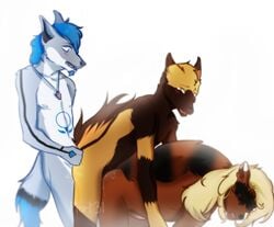 3boys ahe_gao anthro blonde_hair blue_eyes blue_hair blush canine erection from_behind_position furry group group_sex long_hair male male_only mort3l penetration penis ray-bleiz sex shawncuri tail_grab threesome white_background