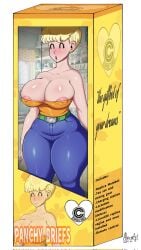 2024 alviria alviriaart android big_ass big_breasts bikini_(dragon_ball) blonde_hair breasts closed_eyes doll doll_box doll_girl dragon_ball earrings english english_text female highres jewelry lactation large_breasts mature_female milf mombot mommy nipples open_mouth remote_control robot robot_girl smile solo