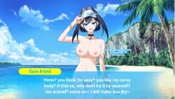 beach big_breasts black_hair blue_eyes dialogue hololive hololive_english nude_filter ouro_kronii regisvine2078 smile