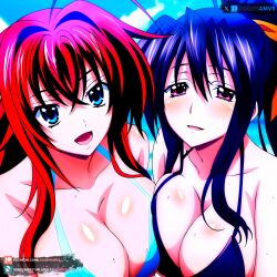 2girls ai_generated akeno_himejima beach big_breasts bikini blue_eyes blush clouds dark_purple_hair high_school_dxd juanpiamvs long_hair looking_at_viewer open_mouth patreon patreon_username pink_eyes ponytail pressing_breasts_together red_hair rias_gremory sea seaside smiling subscribestar subscribestar_username watermark