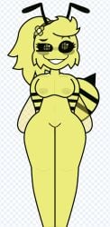 accurate_art_style animal_humanoid antennae bee bee_girl bweswees_bizznip checkered_background colorbox_(mustard) fur fur_breasts fur_thick_thighs furry hands_behind_back humanoid_genitalia incredibox_mod naked naked_female no_clothes showing_breasts showing_pussy small_breasts solo striped_body stripes unclothed wings_folded