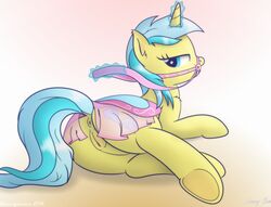 2016 anus ass bedroom_eyes bluemeganium clothing cutie_mark dock equine female feral friendship_is_magic glowing hair half-closed_eyes heart horn lemony_gem_(mlp) looking_back lying magic mammal multicolored_hair my_little_pony on_side pussy saddle seductive see-through solo two_tone_hair underhoof unicorn