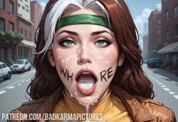 1girls ai_generated badkarmastudio body_writing bodysuit brown_hair cum cum_in_mouth cum_on_face dripping dripping_cum facial female green_eyes headband jacket looking_at_viewer marvel marvel_comics open_mouth patreon_username public public_use rogue_(x-men) self_upload solo superheroine white_hair x-men