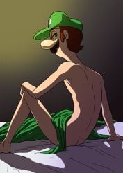 1boy bed bedroom blanket blue_eyes brown_hair dontfapgirl facial_hair green_blanket green_hat humanoid indoors looking_back luigi male male_only mario_(series) moustache nintendo nude nude_male on_bed sitting skinny skinny_male solo solo_male super_mario_bros.