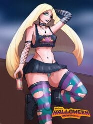 against_wall bedbug_(artist) beer blonde_hair blonde_hair eyeshadow goth goth_girl green_eyes long_hair lusamine_(pokemon) no_bra perky_breasts pokemon pokemon_sm punk punk_girl ripped_clothing skirt small_breasts thin_waist