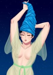 breasts breasts closed_eyes dark_hair elden_ring female fromsoftware kokovartalosukka lips rennala_queen_of_the_full_moon simple_background towel towel_on_head transparent_clothing