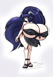 blue_hair bouncing_breasts breasts_bigger_than_head clothed clothing curvy curvy_female female female_only giant_breasts gigantic_breasts horns hyper_breasts long_hair looking_away nipple_bulge original original_character paulgq red_eyes sandals slim standing