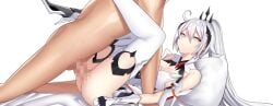 1boy 1girls blue_eyes captain_(honkai_impact) censored eyebrows_visible_through_hair hair_ornament high_heels honkai_impact_3rd kiana_kaslana kiana_kaslana_(herrscher_of_flamescion) legs_up long_hair missionary_position mosaic_censoring on_bed partially_clothed pillow rur4885 sex vaginal_penetration very_long_hair white_gloves white_leggings white_pillow white_thighhighs