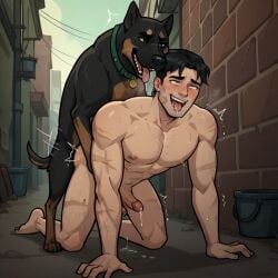 ahe_gao ahegao_face ai_generated alley alleyway anal bara bestiality black_hair blush canine disventure_camp doggy_style feral feral_on_human gay green_eyes human_on_feral male/male male_only muscular scar scars shaking sweating tom_(disventure_camp) xammile zoophilia