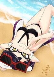 1girls aiura_chan beach big_breasts bikini black_bikini breasts callie_(splatoon) female inkling inkling_girl long_hair looking_at_viewer mole mole_under_eye nintendo pointy_ears shiny_skin solo splatoon sunglasses sunglasses_on_head tentacle_hair two_tone_hair water yellow_eyes