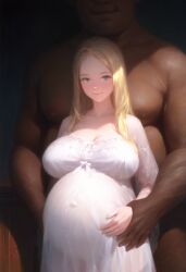 ai_generated blonde_hair blue_eyes clothed_female_nude_male dark-skinned_male hand_on_another's_stomach height_difference huge_breasts interracial long_hair looking_at_viewer nightgown oil_painting original pregnant self_upload smile tagme