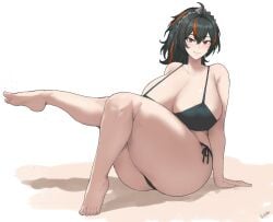 ahoge ass barefoot batako batako_(batakoart) bikini black_bikini black_hair breasts closed_mouth collarbone feet female fingernails full_body highres huge_breasts long_hair looking_at_viewer orange_eyes orange_hair shadow signature simple_background sitting smile solo swimsuit thighs toes wide_hips zenless_zone_zero zhu_yuan