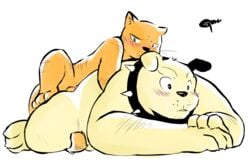 anthro anthrofied balls barely_visible_genitalia blush bulldog canine collar cuddling feline heathcliff heathcliff_(series) hug interspecies lying male mammal on_back on_top on_top_of penis penis_base signature spike_(heathcliff) spiked_collar surprised tohfu whiskers yaoi