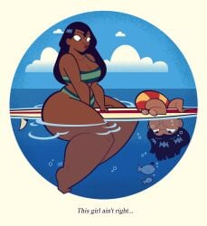 2girls big_ass big_thighs bikini bikini_bottom bikini_top black_hair blue_sky cloud curvy dark-skinned_female dark_skin day dialogue disney english_text female female_only fish full_body goodbyellow lilo_&_stitch lilo_and_stitch lilo_pelekai long_hair nani_pelekai ocean outdoors partially_underwater_shot surfboard tagme thick_thighs thighs voluptuous wet