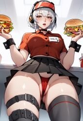 ai_generated anby_demara burger food highleg_panties hips orange_eyes panties shiny_skin shirt skirt stockings string_panties thighhighs thighs under_skirt white_hair zenless_zone_zero