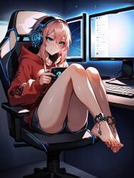 ai_generated foot_fetish gamer_girl gaming_chair headphones hoodie panties