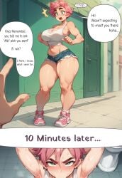 ai_generated angry big_breasts blowjob_face clothed clothing comic comic_page green_eyes instant_loss_2koma looking_at_viewer original_character pokipie purple_hair surprised text thick_thighs