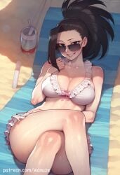 ai_generated beach big_ass big_breasts big_butt big_thighs bikini black_eyes black_hair blush boku_no_hero_academia glasses huge_ass huge_butt huge_thighs medium_breasts momo_yaoyorozu my_hero_academia outdoors swimsuit wanuze wide_hips