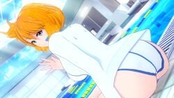 16:9_aspect_ratio ass blue_eyes breasts clothing competition_swimsuit dutch_angle female female_only gym_leader high_resolution huge_ass huge_breasts indoors jacket kasumi_(pokemon) large_ass large_breasts looking_at_viewer looking_back misty_(pokemon_hgss) one-piece_swimsuit orange_hair pokemon pokemon_character pool poolside short_hair sitting smile solo swimsuit tank_suit thick_ass thighs very_high_resolution water waving white_one-piece_swimsuit white_swimsuit window