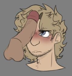 angry blonde_hair cock_on_face coopnsatyr des_(coopnsatyr) dominant_male face_closeup gay grey_eyes implied_deepthroat implied_oral kaden_(coopnsatyr) male/male male_focus male_only questionable_consent single_male submissive_male toony_face yaoi