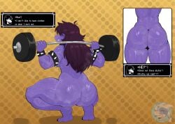 anthro big_ass big_thighs bracelets deltarune dialogue dialogue_box furry furry_female leaky_emmet medium_hair muscle_girl naked naked_female nude nude_female purple_body purple_skin solo spiked_bracelet susie_(deltarune) sweat sweating weightlifting