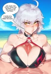 1boy 1girls abs ai_generated bare_arms bare_legs bare_shoulders bare_thighs beach big_breasts big_penis bikini bikini_bottom bikini_top color english_text fate_(series) female fit_female hi_res jeanne_alter jeanne_alter_(swimsuit_berserker) large_breasts light-skinned_female light_skin male male/female muscles muscular muscular_female muscular_male paizuri paizuri_lead_by_female sand secretly_loves_it short_hair swimsuit_paizuri swimzuri tagme text text_bubble thick_thighs titjob tsundere white_hair yellow_eyes yelua