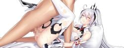 1boy 1girls blue_eyes censored eyebrows_visible_through_hair hair_ornament high_heels honkai_impact_3rd kiana_kaslana kiana_kaslana_(herrscher_of_flamescion) legs_up long_hair looking_at_viewer missionary_position mosaic_censoring on_bed one_eye_closed partially_clothed pillow rur4885 sex sweat vaginal_penetration very_long_hair white_gloves white_leggings white_pillow white_thighhighs