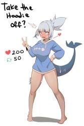 alternate_breast_size big_breasts blush bottomless english english_text feetplap female female_focus female_only gawr_gura heart hololive hololive_english hololive_myth looking_at_viewer shark_girl twitter_username virtual_youtuber vtuber white_hair wide_hips