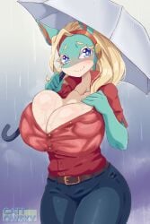 big_breasts cattowsky cleavage female huge_breasts ippan_josei jpeg my_hero_academia raining umbrella