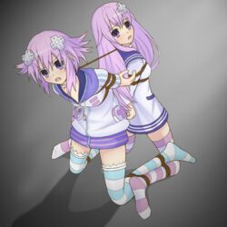 2girls arms_behind_back blush bondage bound bound_together collar d-pad femsub femuto gag hair_ornament linked_collar long_hair looking_at_viewer multiple_girls multiple_subs nepgear neptune_(neptunia) neptunia_(series) open_mouth purple_eyes purple_hair restrained rope short_hair striped striped_legwear tied_up