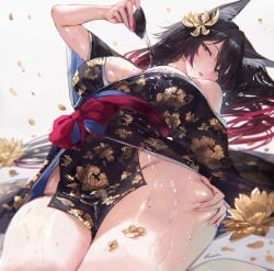 1girls animal_ears black_hair clothed female female_focus female_only green_eyes honkai:_star_rail lying_down lying_on_back pleasure_face pouring pouring_on_breasts pouring_on_self pouring_onto_self qiandaiyiyu solo solo_female solo_focus tingyun_(honkai:_star_rail)