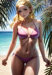 1girls ai_generated aiartshines beach bikini blonde_hair breasts breath_of_the_wild clouds crown_braid green_eyes large_breasts long_hair looking_at_viewer midriff navel nintendo ocean outside palm_trees pink_bikini pink_swimsuit princess_zelda sky striped_bikini striped_swimsuit swimsuit the_legend_of_zelda water