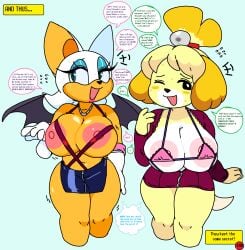 2d 2girls animal_crossing anthro areolae bat big_breasts breasts busty canine cassettedream chiropteran crossover dialogue dream-cassette female female_only huge_breasts isabelle_(animal_crossing) large_breasts mobian mobian_(species) mobian_bat nervous_sweat nipples rouge_the_bat sega sonic_(series) sonic_adventure_2 sonic_the_hedgehog_(series) sweat text thick_thighs wide_hips