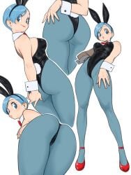 1girls ass ass_focus bent_over blue_hair booty bulma_briefs bunny_ears bunnysuit dragon_ball dragon_ball_z female female_only looking_at_viewer looking_back multiple_boys multiple_views short_hair simple_background toshinoshin00 white_background