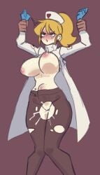 1boy1girl big_breasts blonde_hair cum docecaedrus female_focus green_eyes highres nurse nurse_(terraria) nurse_cap nurse_uniform ponytail pussy sex sex_from_behind terraria thick_thighs