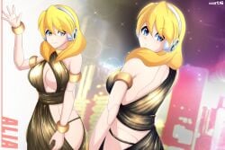 1girls alia big_breasts blonde_hair blue_eyes gold_dress gold_g-string mega_man mega_man_x mega_man_x_dive robarts_hallway robot_girl