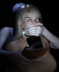 1girls 3d 3d_(artwork) barcode black_choker blender blender_eevee blonde_hair blue_eyes choker cross_earrings cross_necklace glasses grabbing grabbing_from_behind grabbing_wrist grace_(osimai) hand_over_another's_mouth hand_over_mouth handgag huge_breasts iphone kidnapping looking_at_viewer nose_piercing nose_ring original_character osimai pale_skin phone pleated_skirt shocked shocked_expression skirt tank_top undead vampire vampire_girl