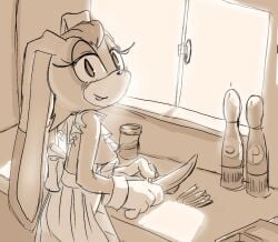 anthro apron apron_only blush breasts clothing cooking dctr2 female gloves handwear head_tuft kitchen knife lagomorph leporid long_ears mammal nipple_slip rabbit sega smile solo sonic_(series) sonic_the_hedgehog_(series) stepfordization tuft vanilla_the_rabbit wife window