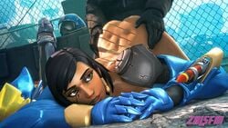 3d animated black_hair blizzard_entertainment dark-skinned_female dark_skin female from_behind gif looking_at_viewer male overwatch pharah sex source_filmmaker straight top-down_bottom-up uncensored video_games zalsfm