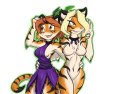 blonde_hair breasts brown_eyes brown_hair clothed clothing featureless_breasts feline green_eyes hair hi_res infinitedge infinitedge2u mammal nude pussy tiger twokinds