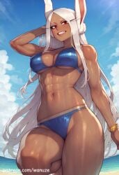 ai_generated animal_ears beach big_ass big_breasts big_butt big_thighs bikini blush boku_no_hero_academia bunny_ears dark-skinned_female dark_skin huge_ass huge_butt huge_thighs medium_breasts mirko muscular muscular_female my_hero_academia outdoors red_eyes rumi_usagiyama swimsuit wanuze white_hair wide_hips