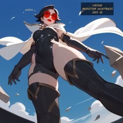 1girls ai_generated arrogant black_hair brinkai cape english_text eyelashes femdom girl glasses gloves league_of_legends lips looking_down red_eyes sentinel_vayne short_hair small_breasts smirk solo sunglasses the_ruined_king_saga thigh_boots tinted_eyewear vayne