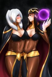 2girls arm_around_another arm_around_back arm_around_waist asymmetrical_docking black_clothing black_hair blush bodies_pressed_together bodystocking boobs_pressed breast_squish breast_to_breast breasts cape capes dark_magic female female_focus female_only females females_only fire_emblem fire_emblem_awakening fire_emblem_heroes fire_emblem_warriors hypnosis hypnotic_eyes magic_user robin_(fire_emblem) robin_(fire_emblem)_(female) seductive seductive_eyes seductive_look seductive_smile sexy_body sexy_clothing shiny_body shiny_breasts shiny_clothes shiny_hair shiny_skin tharja_(fire_emblem) tharja_(fire_emblem)_(cosplay) usagiforehead white_hair yuri