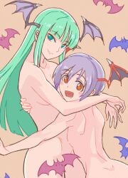 ass completely_nude darkstalkers futa_yuri_ryona hug lilith_aensland morrigan_aensland nude succubi succubus yuri