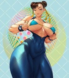 1girls abs bare_shoulders bikini bikini_top_only blue_background blue_bikini blue_bodysuit bodysuit bracelet breasts brown_eyes brown_hair calad_g capcom chun-li closed_mouth commentary covered_navel double_bun earrings english_commentary female hair_bun highres jewelry large_breasts looking_at_viewer mature_female micro_bikini open_bodysuit open_clothes ribbon sleeveless sleeveless_bodysuit solo spiked_bracelet spikes street_fighter studded_bracelet swimsuit thick_thighs thighs underboob watermark yellow_ribbon zipper_pull_tab