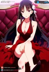 ai_generated big_breasts blush brown_hair classroom_of_the_elite collar curvy curvy_figure dress elegant elegant_dress female female_only hair_ornament heels horikita_suzune juanpiamvs long_hair looking_at_viewer open_mouth patreon patreon_username red_dress red_eyes sitting sitting_on_sofa sofa subscribestar subscribestar_username watermark