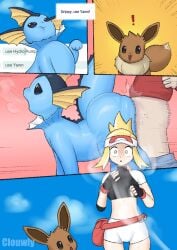 ! 2024 2d 2d_(artwork) black_eyes black_text blue_body brown_body clouwly eevee eeveelution english english_text gloves jpeg nintendo pokemon pokemon_(species) pokephilia red_shirt short_shirt shorts surprised_expression tagme text vaporeon white_shorts yellow_hair